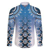 New Zealand Family Matching Summer Maxi Dress and Hawaiian Shirt Poutama Mix Blue Taniko Inspired Art LT05 Dad's Shirt - Long Sleeve Blue - Polynesian Pride