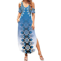 New Zealand Family Matching Summer Maxi Dress and Hawaiian Shirt Poutama Mix Blue Taniko Inspired Art LT05 Mom's Dress Blue - Polynesian Pride