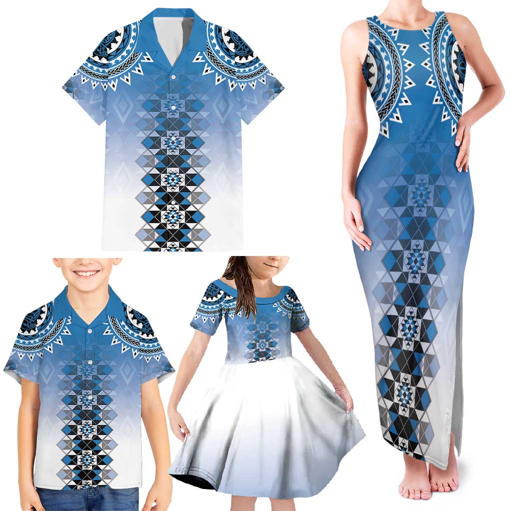 New Zealand Family Matching Tank Maxi Dress and Hawaiian Shirt Poutama Mix Blue Taniko Inspired Art LT05 - Polynesian Pride