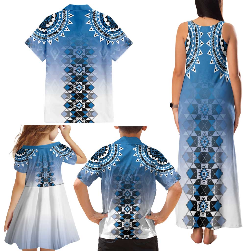 New Zealand Family Matching Tank Maxi Dress and Hawaiian Shirt Poutama Mix Blue Taniko Inspired Art LT05 - Polynesian Pride