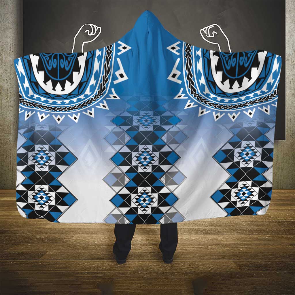 New Zealand Hooded Blanket Poutama Mix Blue Taniko Inspired Art LT05