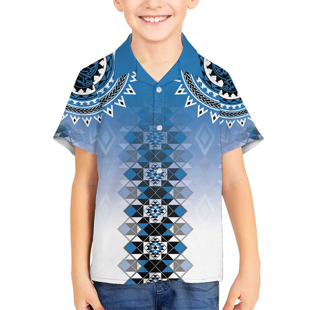 New Zealand Kid Hawaiian Shirt Poutama Mix Blue Taniko Inspired Art LT05 Kid Blue - Polynesian Pride