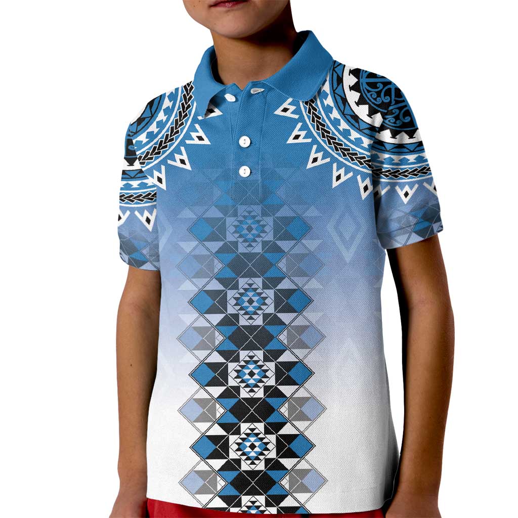 New Zealand Kid Polo Shirt Poutama Mix Blue Taniko Inspired Art LT05 Kid Blue - Polynesian Pride