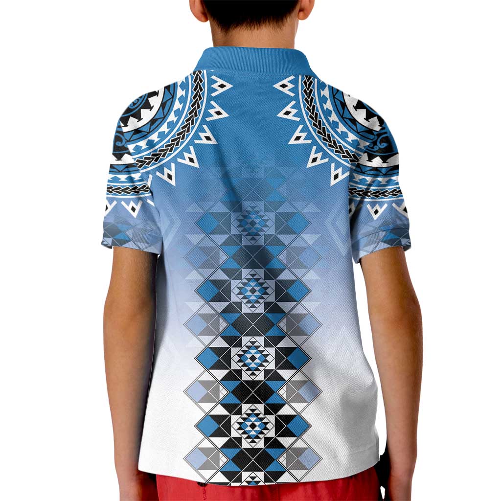 New Zealand Kid Polo Shirt Poutama Mix Blue Taniko Inspired Art LT05 - Polynesian Pride