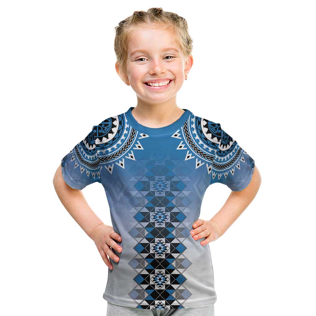 New Zealand Kid T Shirt Poutama Mix Blue Taniko Inspired Art LT05