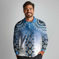 New Zealand Long Sleeve Polo Shirt Poutama Mix Blue Taniko Inspired Art LT05 - Polynesian Pride