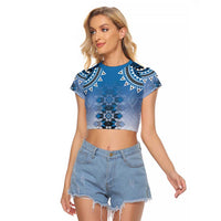 New Zealand Raglan Cropped T Shirt Poutama Mix Blue Taniko Inspired Art LT05 Female Blue - Polynesian Pride