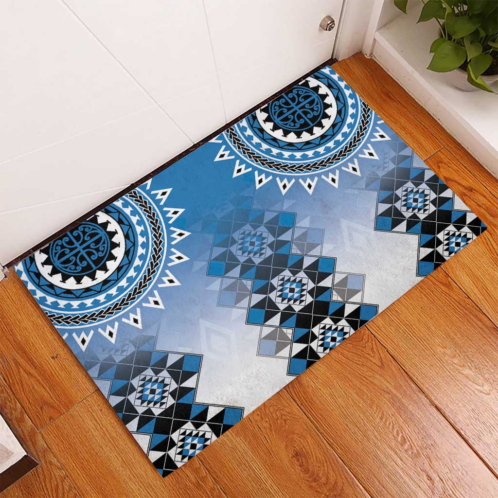 New Zealand Rubber Doormat Poutama Mix Blue Taniko Inspired Art LT05 - Polynesian Pride