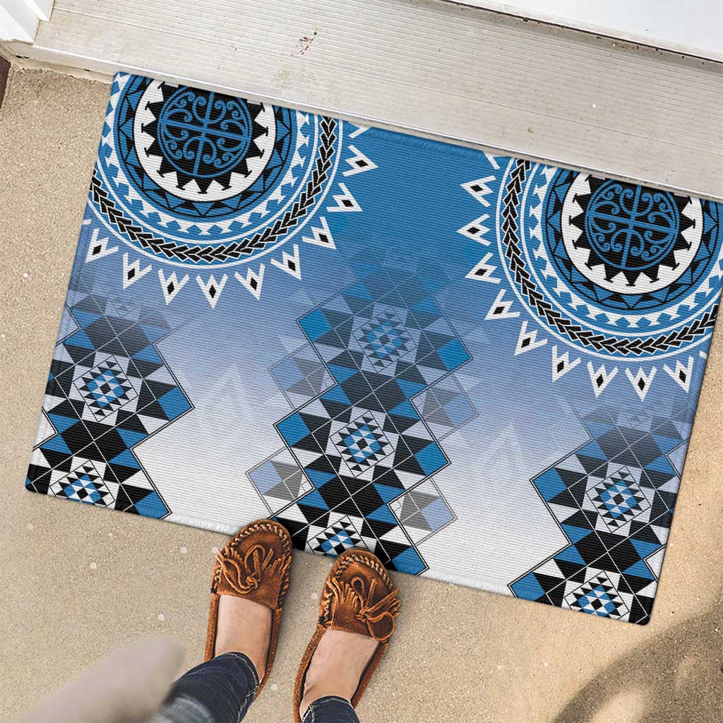 New Zealand Rubber Doormat Poutama Mix Blue Taniko Inspired Art LT05 - Polynesian Pride