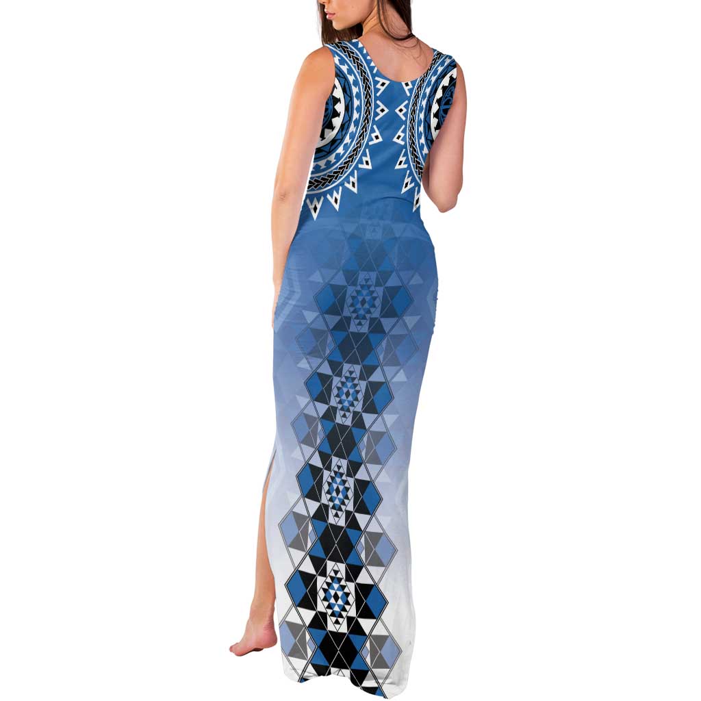New Zealand Tank Maxi Dress Poutama Mix Blue Taniko Inspired Art LT05