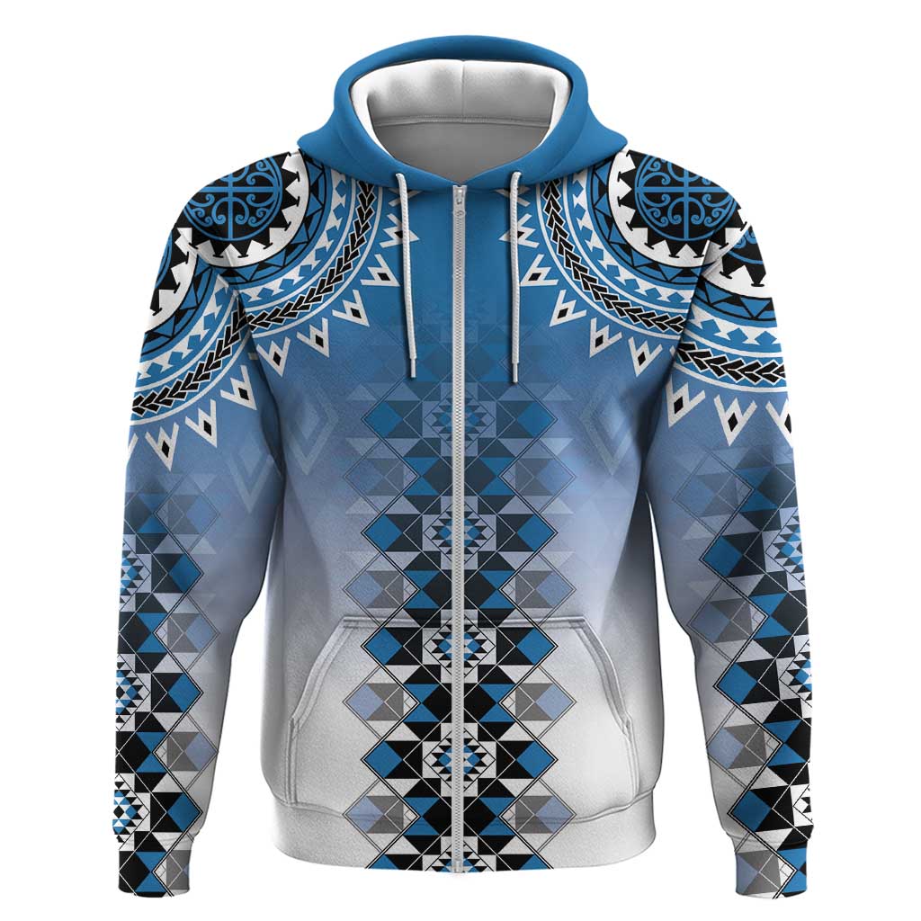 New Zealand Zip Hoodie Poutama Mix Blue Taniko Inspired Art LT05