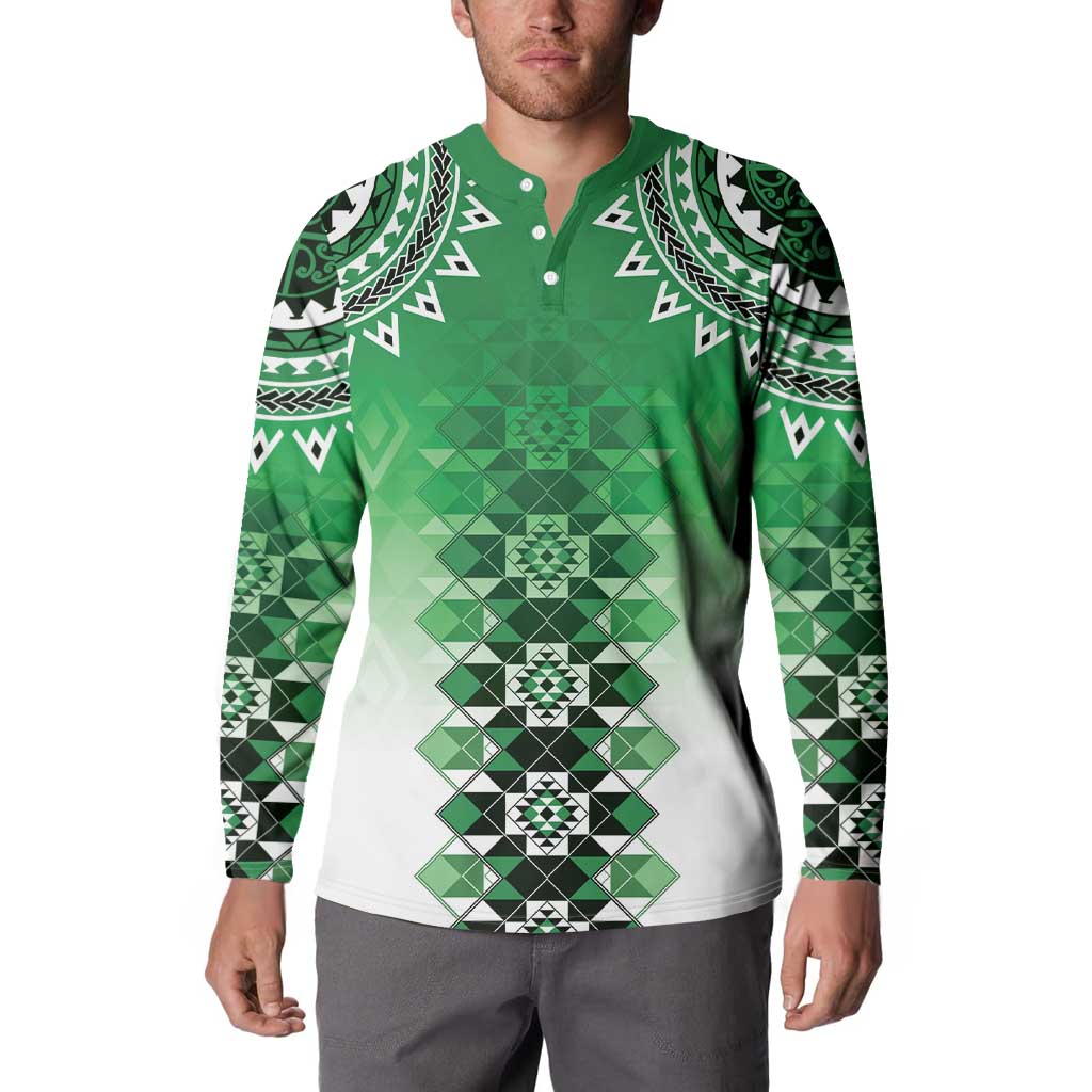New Zealand Button Sweatshirt Poutama Mix Green Taniko Inspired Art LT05