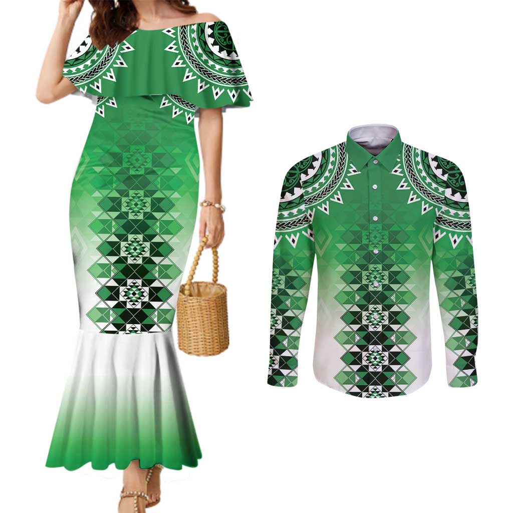 New Zealand Couples Matching Mermaid Dress and Long Sleeve Button Shirt Poutama Mix Green Taniko Inspired Art LT05