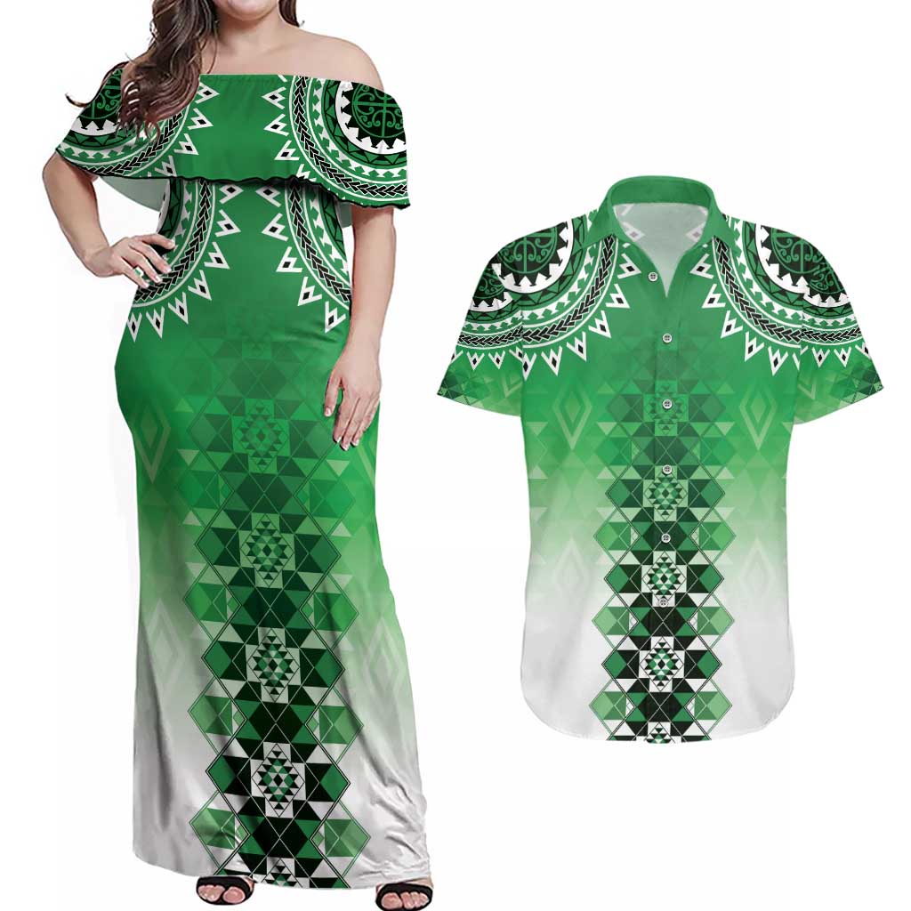 New Zealand Couples Matching Off Shoulder Maxi Dress and Hawaiian Shirt Poutama Mix Green Taniko Inspired Art LT05 Green - Polynesian Pride