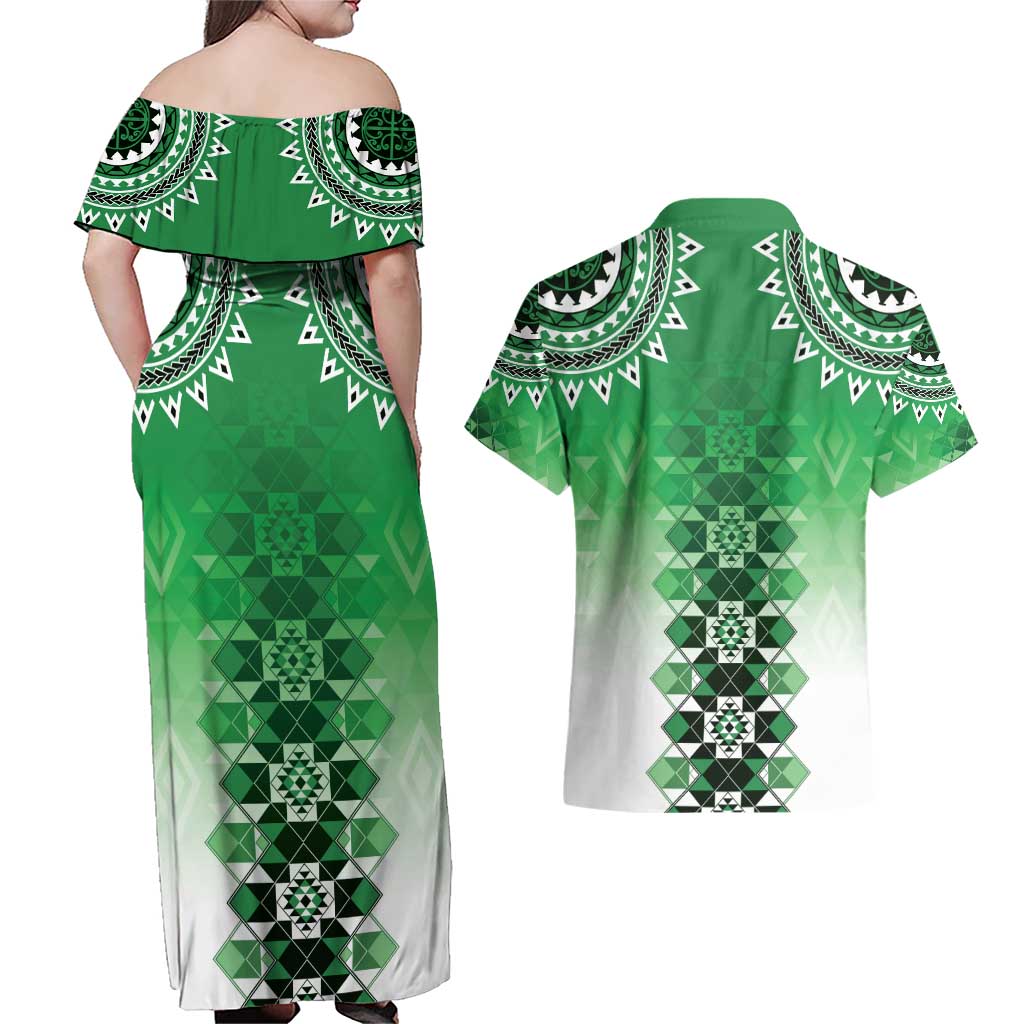 New Zealand Couples Matching Off Shoulder Maxi Dress and Hawaiian Shirt Poutama Mix Green Taniko Inspired Art LT05 - Polynesian Pride