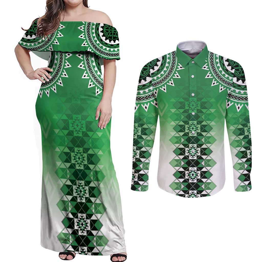 New Zealand Couples Matching Off Shoulder Maxi Dress and Long Sleeve Button Shirt Poutama Mix Green Taniko Inspired Art LT05
