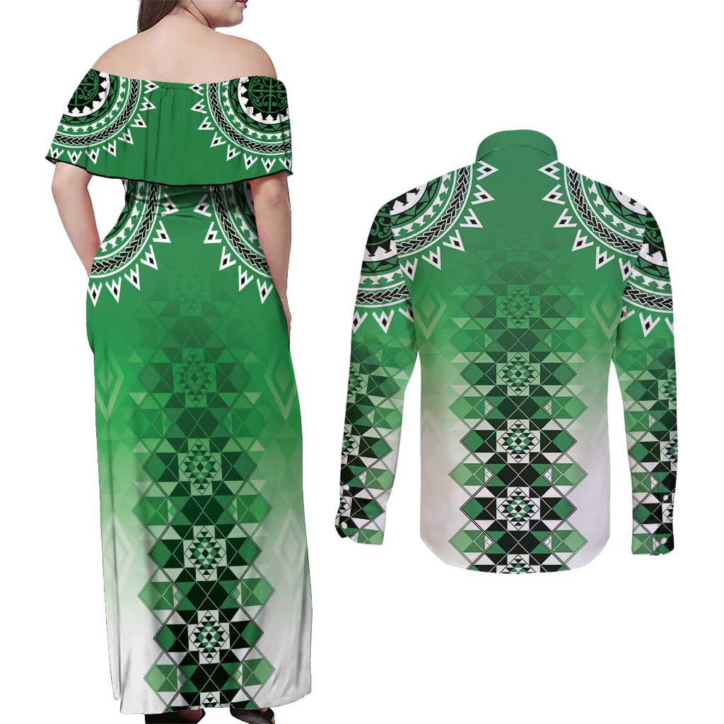 New Zealand Couples Matching Off Shoulder Maxi Dress and Long Sleeve Button Shirt Poutama Mix Green Taniko Inspired Art LT05
