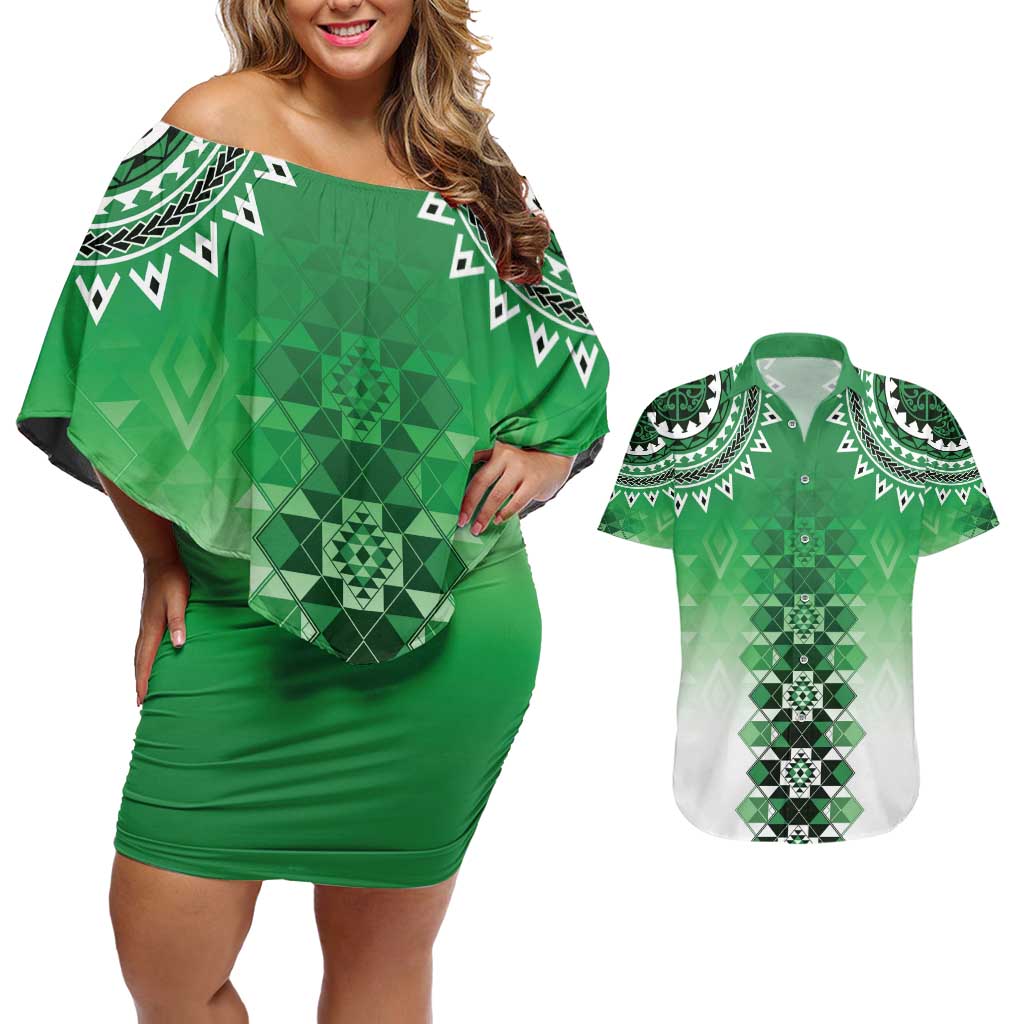 New Zealand Couples Matching Off Shoulder Short Dress and Hawaiian Shirt Poutama Mix Green Taniko Inspired Art LT05