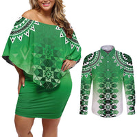 New Zealand Couples Matching Off Shoulder Short Dress and Long Sleeve Button Shirt Poutama Mix Green Taniko Inspired Art LT05