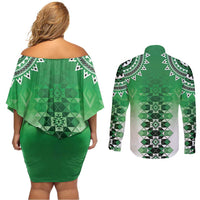 New Zealand Couples Matching Off Shoulder Short Dress and Long Sleeve Button Shirt Poutama Mix Green Taniko Inspired Art LT05