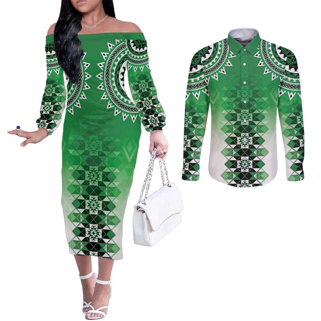 New Zealand Couples Matching Off The Shoulder Long Sleeve Dress and Long Sleeve Button Shirt Poutama Mix Green Taniko Inspired Art LT05