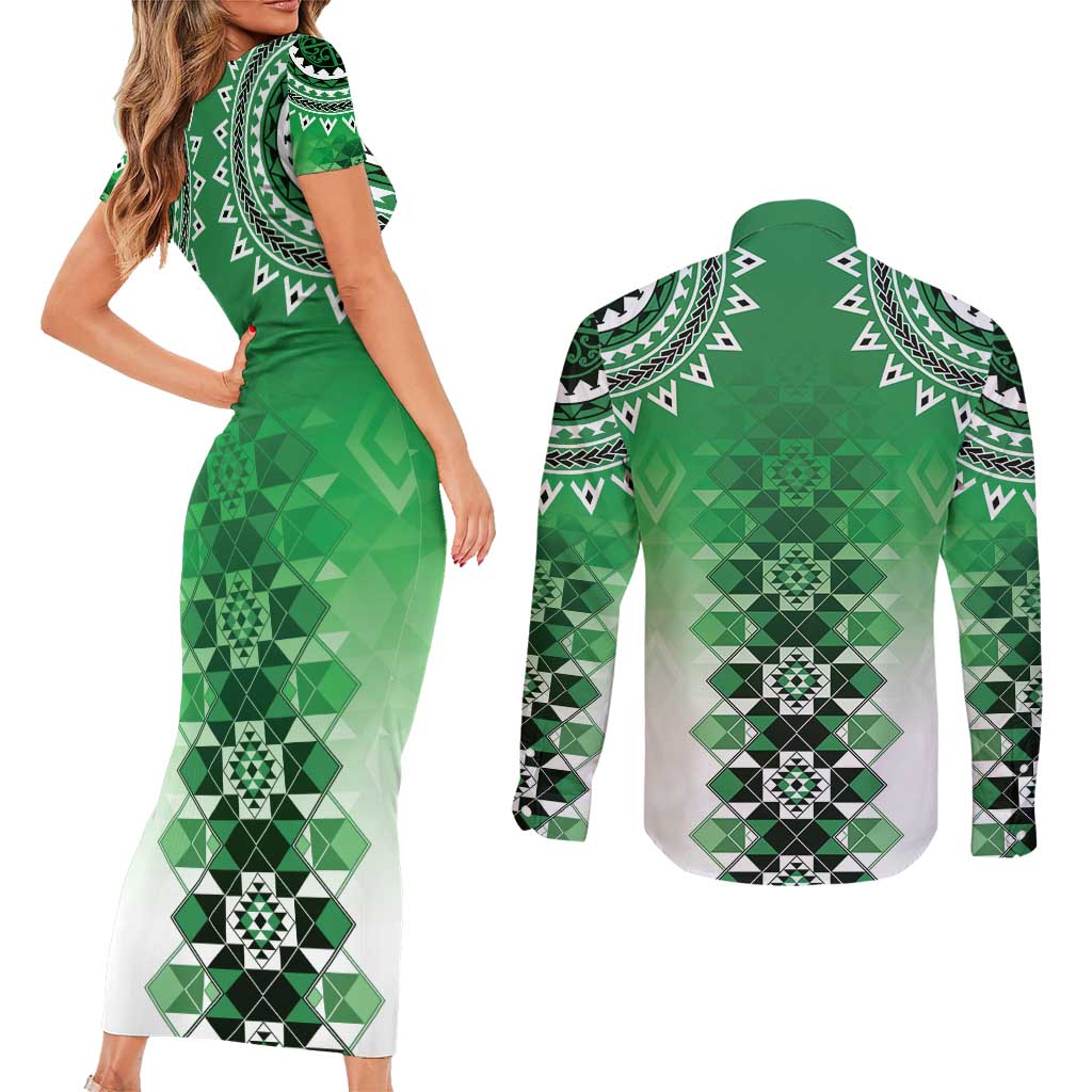 New Zealand Couples Matching Short Sleeve Bodycon Dress and Long Sleeve Button Shirt Poutama Mix Green Taniko Inspired Art LT05