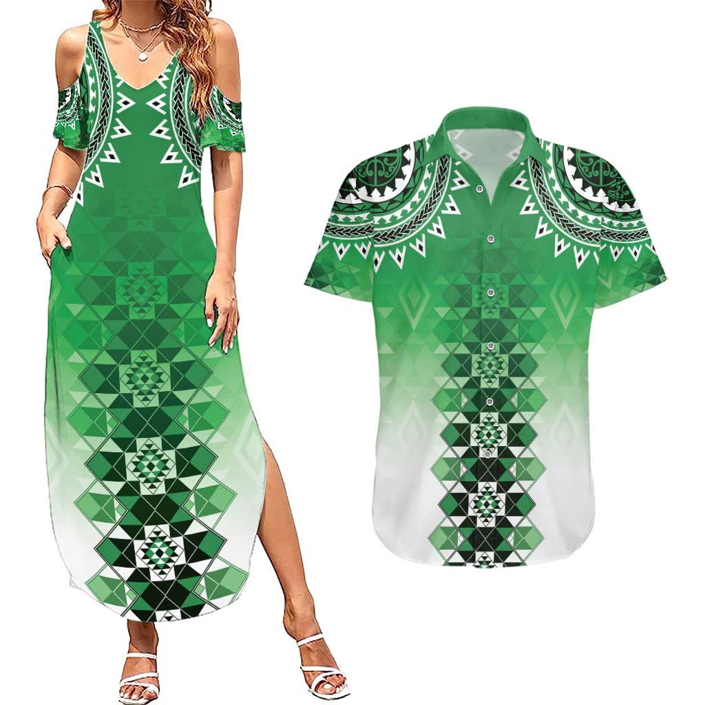 New Zealand Couples Matching Summer Maxi Dress and Hawaiian Shirt Poutama Mix Green Taniko Inspired Art LT05