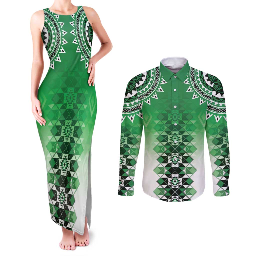 New Zealand Couples Matching Tank Maxi Dress and Long Sleeve Button Shirt Poutama Mix Green Taniko Inspired Art LT05
