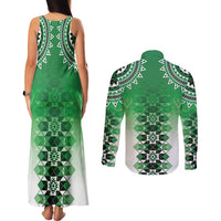New Zealand Couples Matching Tank Maxi Dress and Long Sleeve Button Shirt Poutama Mix Green Taniko Inspired Art LT05