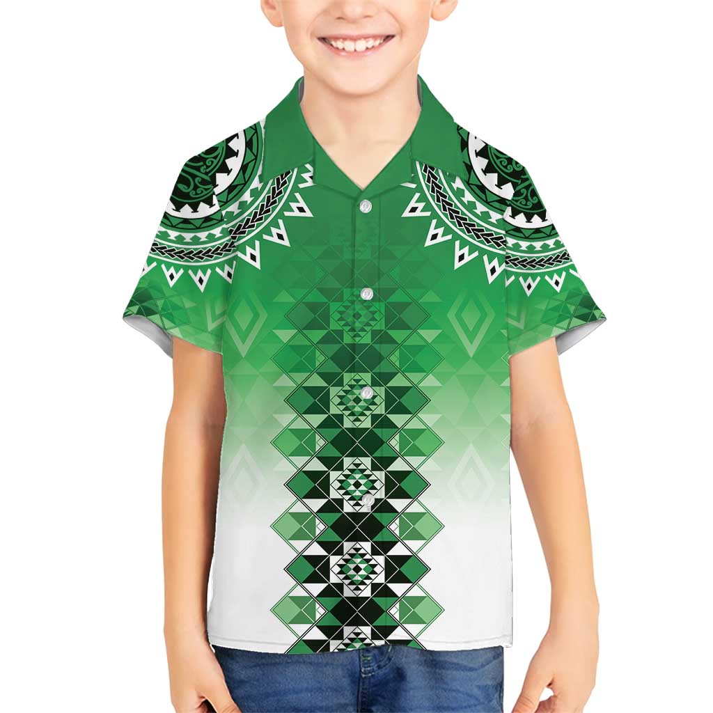 New Zealand Family Matching Long Sleeve Bodycon Dress and Hawaiian Shirt Poutama Mix Green Taniko Inspired Art LT05 Son's Shirt Green - Polynesian Pride