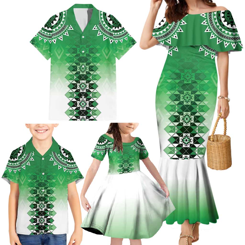 New Zealand Family Matching Mermaid Dress and Hawaiian Shirt Poutama Mix Green Taniko Inspired Art LT05 - Polynesian Pride