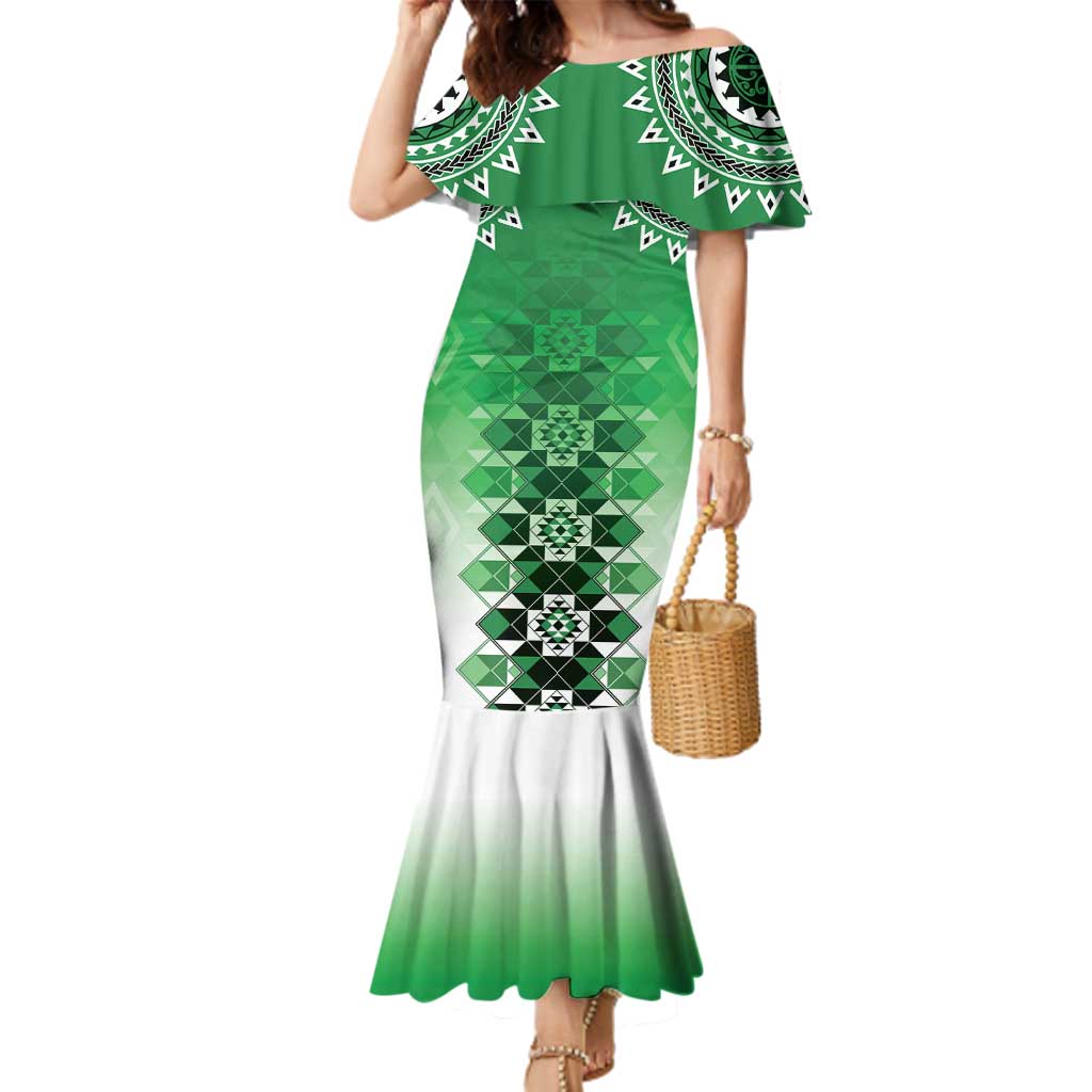 New Zealand Family Matching Mermaid Dress and Hawaiian Shirt Poutama Mix Green Taniko Inspired Art LT05 Mom's Dress Green - Polynesian Pride