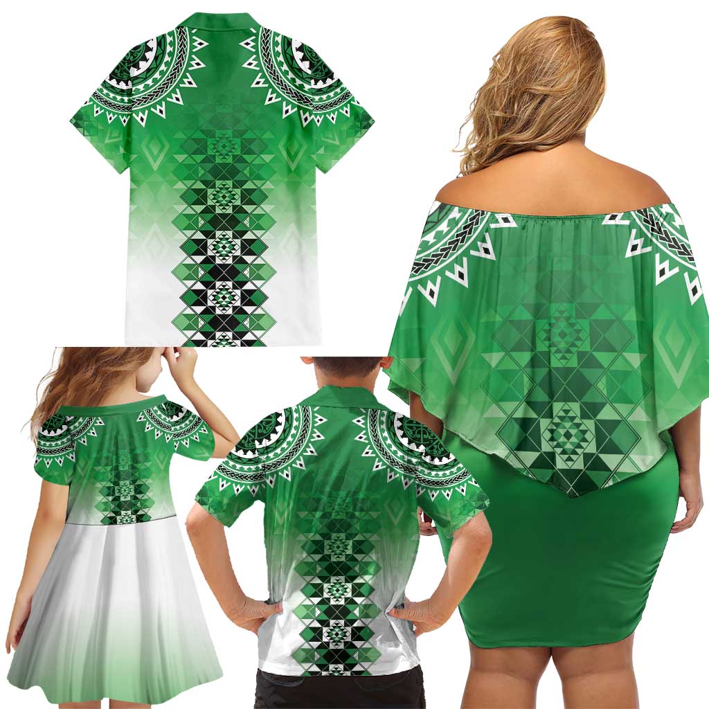 New Zealand Family Matching Off Shoulder Short Dress and Hawaiian Shirt Poutama Mix Green Taniko Inspired Art LT05 - Polynesian Pride