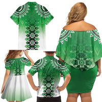 New Zealand Family Matching Off Shoulder Short Dress and Hawaiian Shirt Poutama Mix Green Taniko Inspired Art LT05 - Polynesian Pride