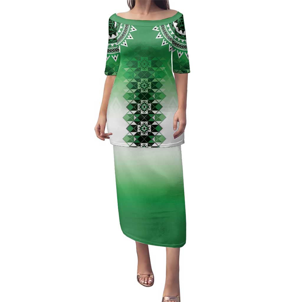 New Zealand Family Matching Puletasi and Hawaiian Shirt Poutama Mix Green Taniko Inspired Art LT05