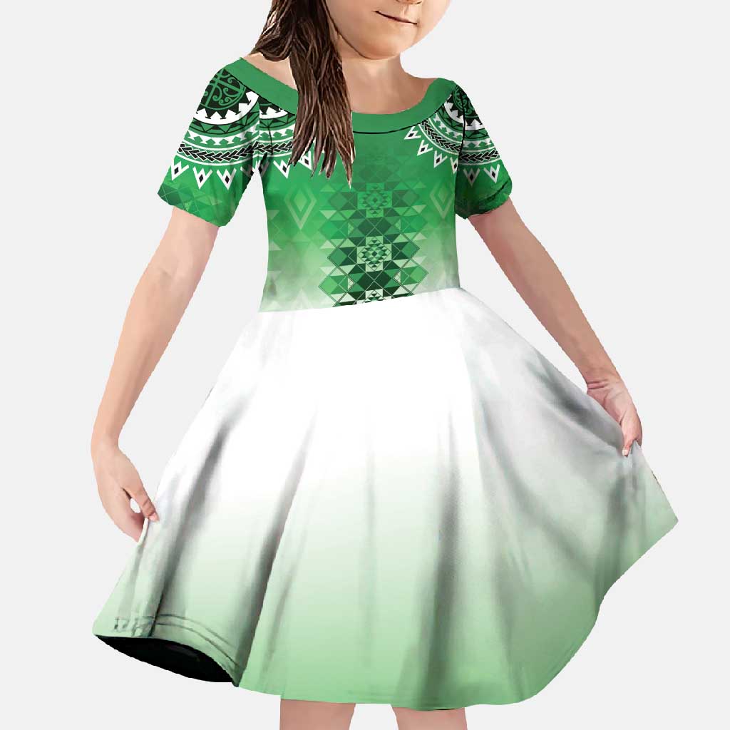 New Zealand Family Matching Short Sleeve Bodycon Dress and Hawaiian Shirt Poutama Mix Green Taniko Inspired Art LT05 Daughter's Dress Green - Polynesian Pride