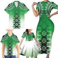 New Zealand Family Matching Short Sleeve Bodycon Dress and Hawaiian Shirt Poutama Mix Green Taniko Inspired Art LT05 - Polynesian Pride
