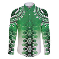 New Zealand Family Matching Summer Maxi Dress and Hawaiian Shirt Poutama Mix Green Taniko Inspired Art LT05 Dad's Shirt - Long Sleeve Green - Polynesian Pride