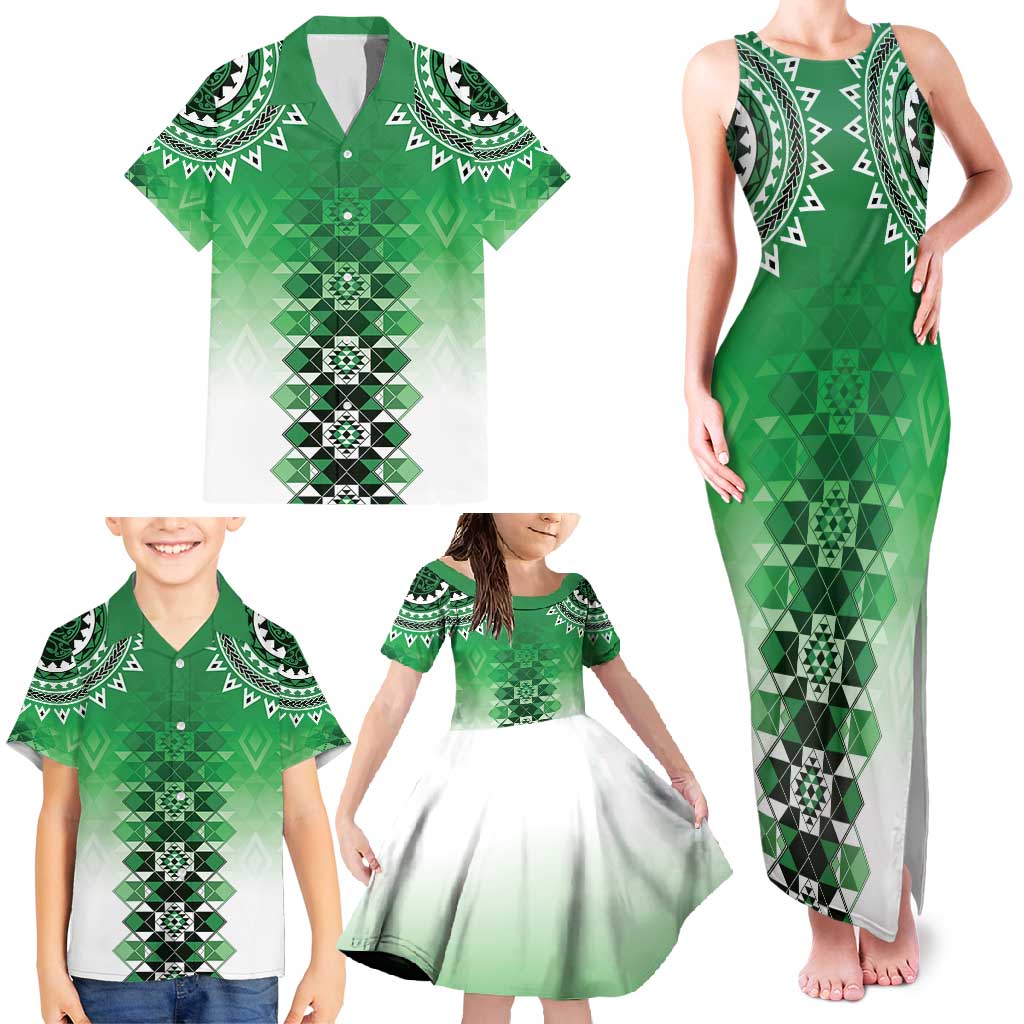 New Zealand Family Matching Tank Maxi Dress and Hawaiian Shirt Poutama Mix Green Taniko Inspired Art LT05 - Polynesian Pride