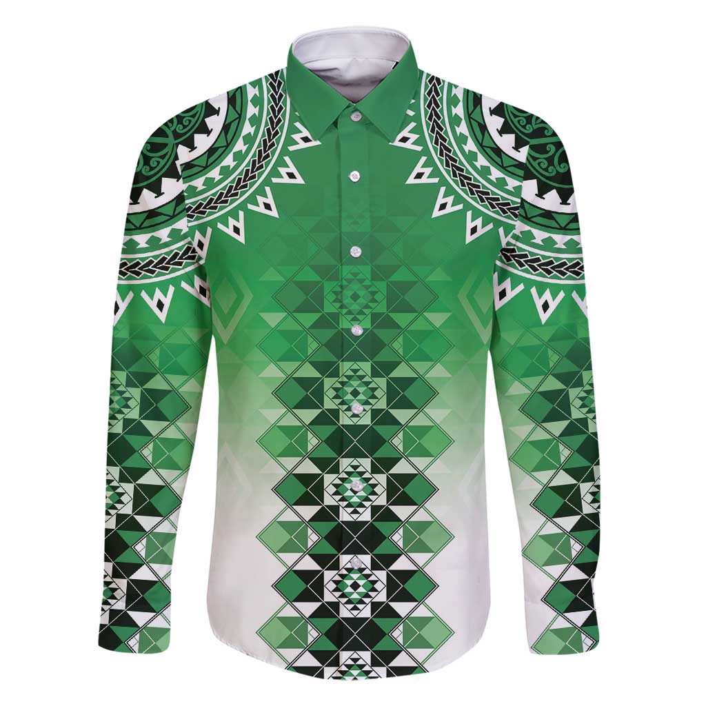 New Zealand Family Matching Tank Maxi Dress and Hawaiian Shirt Poutama Mix Green Taniko Inspired Art LT05 Dad's Shirt - Long Sleeve Green - Polynesian Pride
