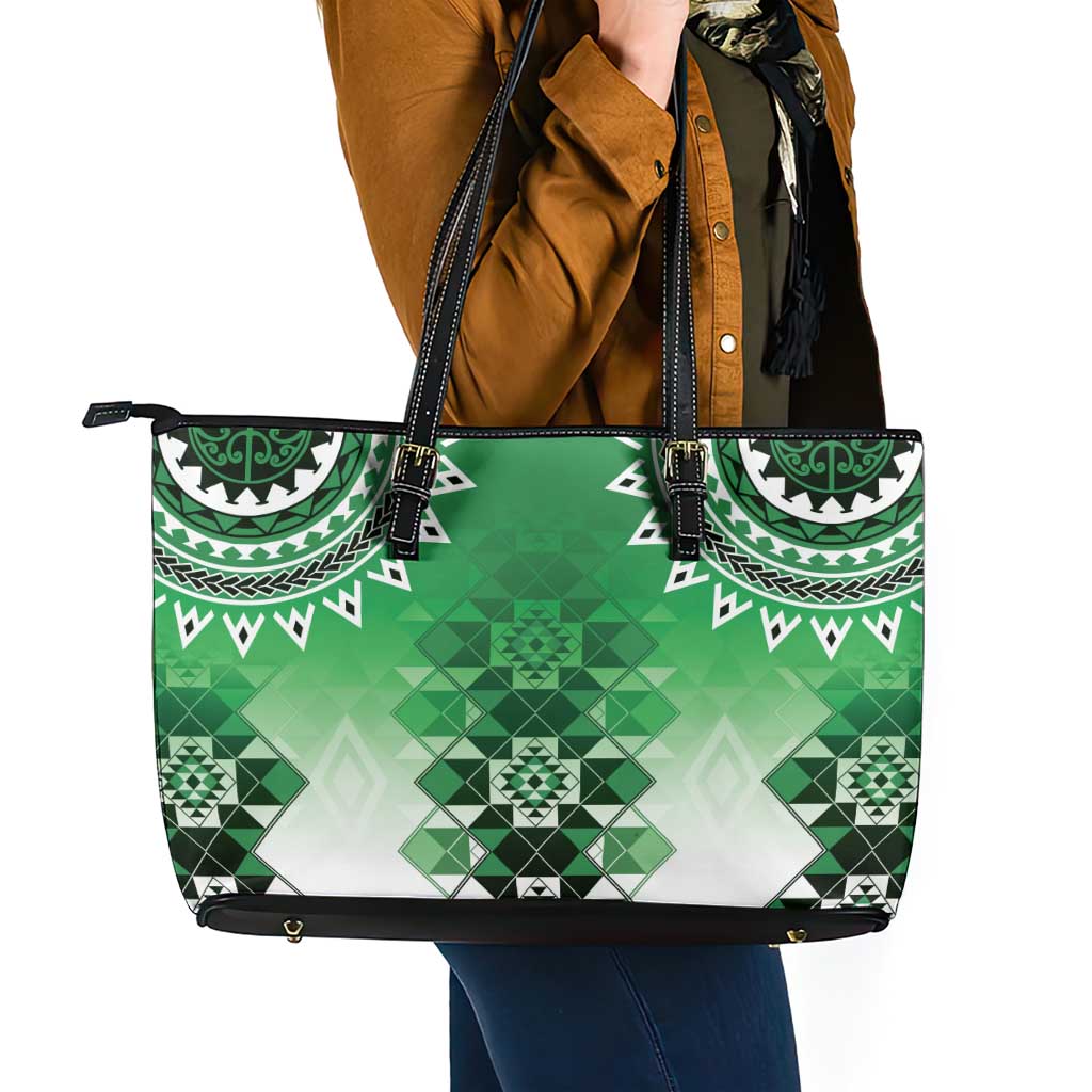 New Zealand Leather Tote Bag Poutama Mix Green Taniko Inspired Art LT05 - Polynesian Pride
