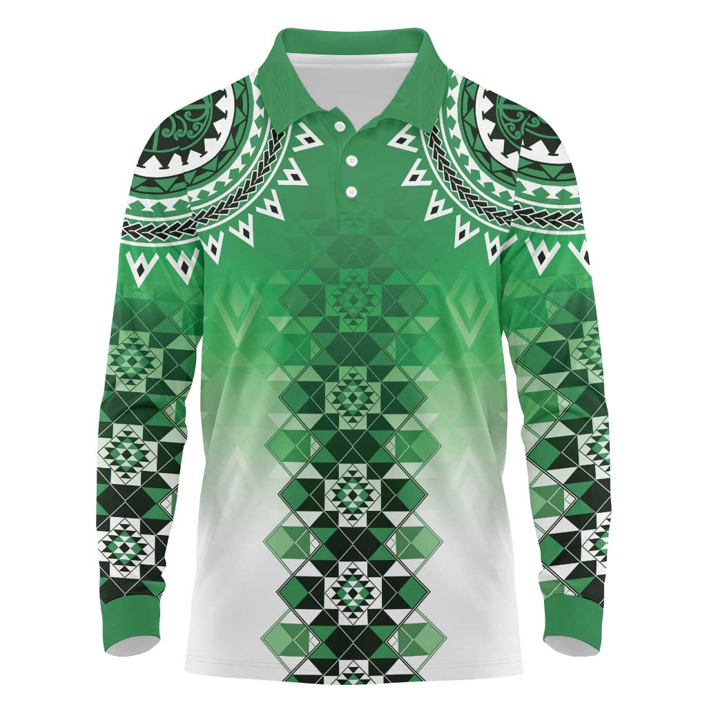 New Zealand Long Sleeve Polo Shirt Poutama Mix Green Taniko Inspired Art LT05 Green - Polynesian Pride