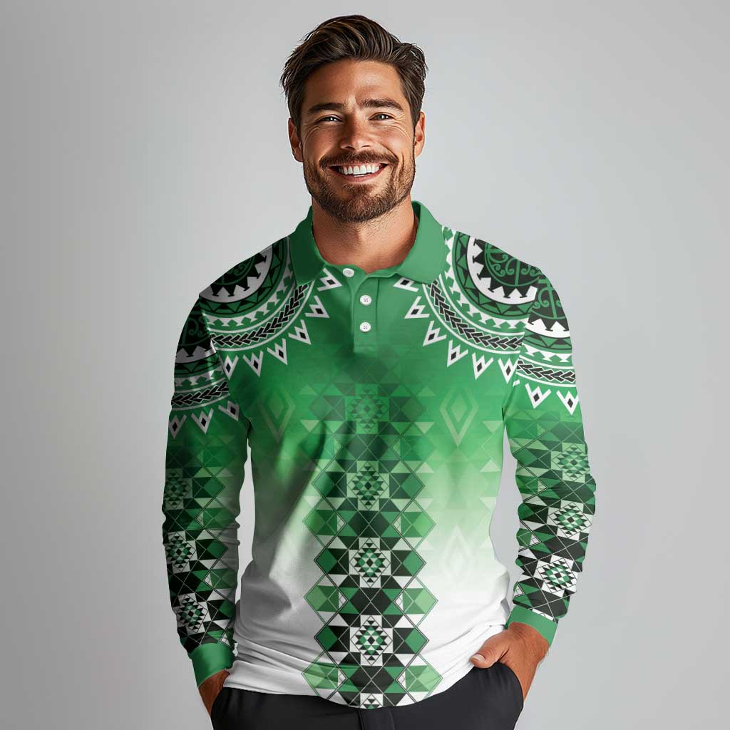 New Zealand Long Sleeve Polo Shirt Poutama Mix Green Taniko Inspired Art LT05 - Polynesian Pride