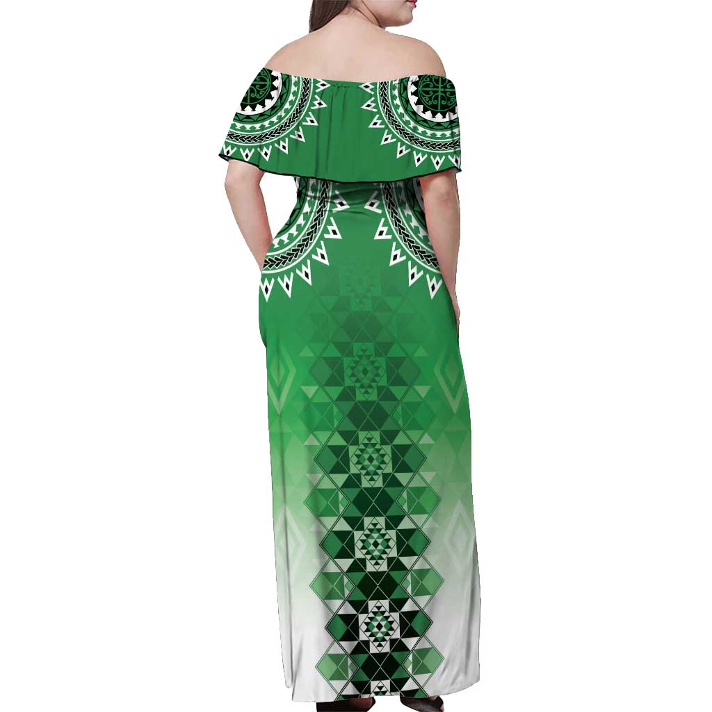 New Zealand Off Shoulder Maxi Dress Poutama Mix Green Taniko Inspired Art LT05