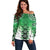 New Zealand Off Shoulder Sweater Poutama Mix Green Taniko Inspired Art LT05