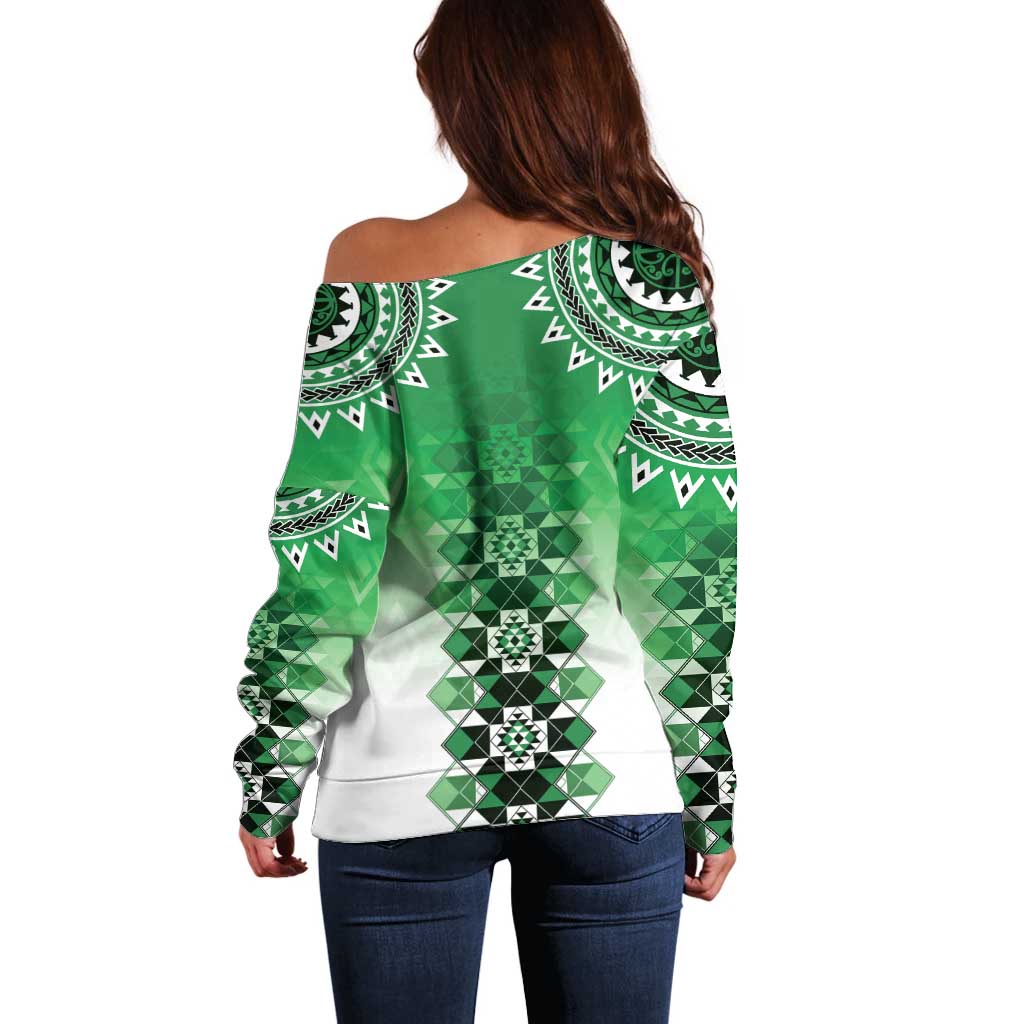 New Zealand Off Shoulder Sweater Poutama Mix Green Taniko Inspired Art LT05