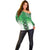 New Zealand Off Shoulder Sweater Poutama Mix Green Taniko Inspired Art LT05