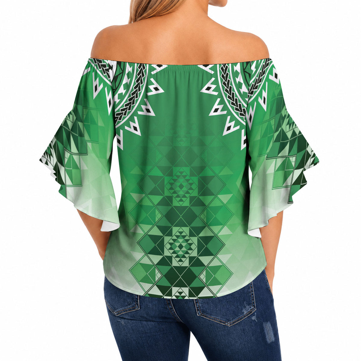 New Zealand Off Shoulder Wrap Waist Top Poutama Mix Green Taniko Inspired Art LT05 - Polynesian Pride