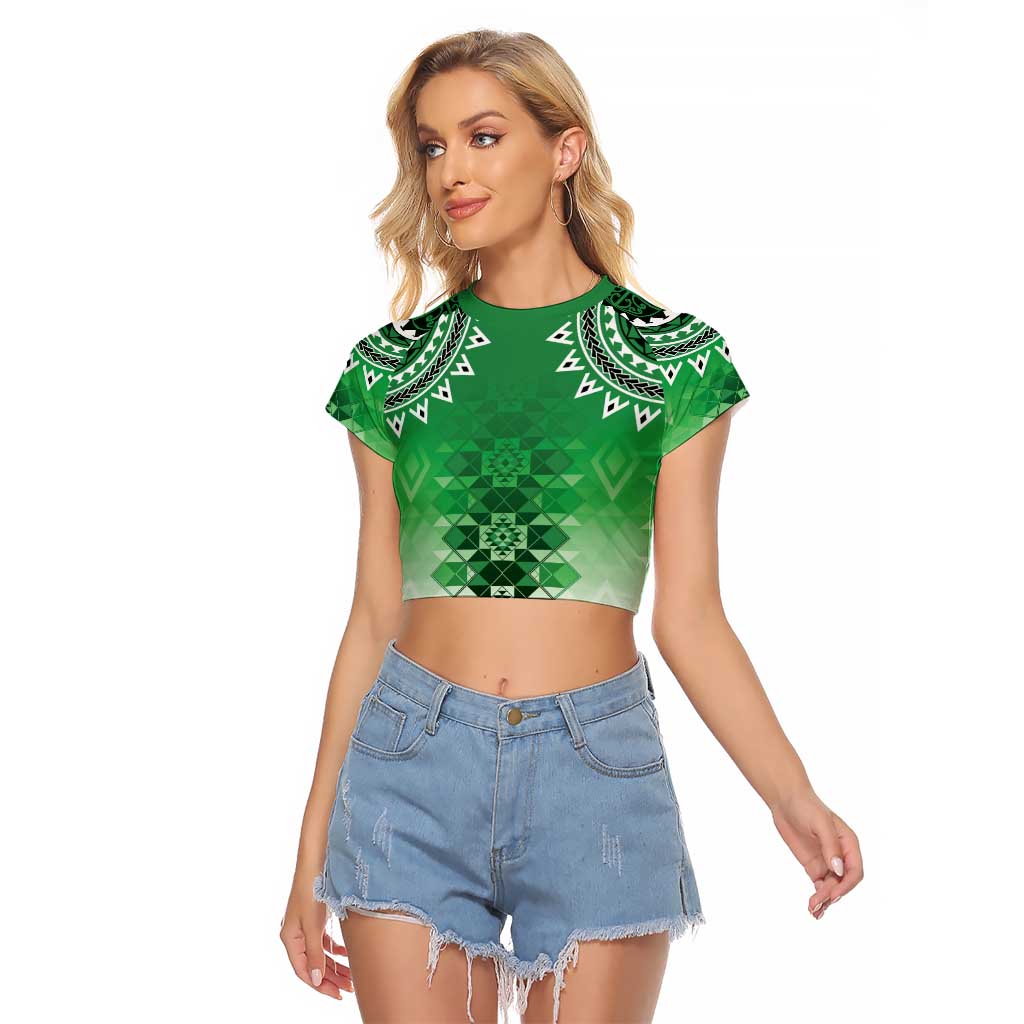 New Zealand Raglan Cropped T Shirt Poutama Mix Green Taniko Inspired Art LT05