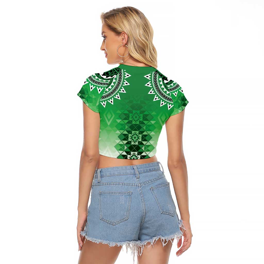 New Zealand Raglan Cropped T Shirt Poutama Mix Green Taniko Inspired Art LT05 - Polynesian Pride